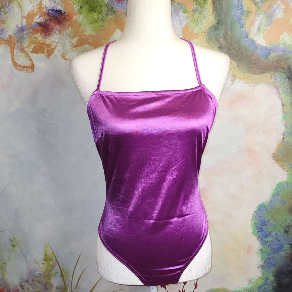 NWT Metallic Purple Satin Bodysuit With Back Chain Detail